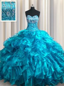 With Train Lace Up Quince Ball Gowns Teal and In for Military Ball and Sweet 16 and Quinceanera with Beading and Ruffles Brush Train