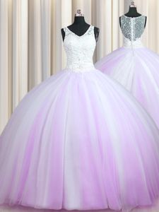 Zipper Up With Train Lilac Quinceanera Gown V-neck Sleeveless Brush Train Zipper