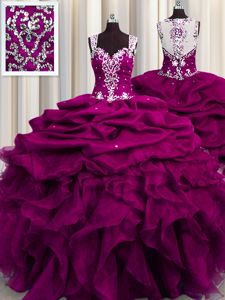 Wonderful See Through Back Organza Sleeveless Floor Length Quinceanera Gown and Beading and Ruffles and Sequins