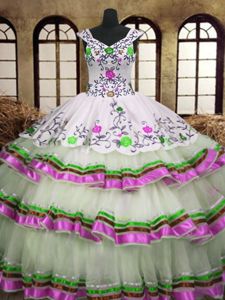 Organza V-neck Sleeveless Lace Up Embroidery and Ruffled Layers Quinceanera Gown in Multi-color