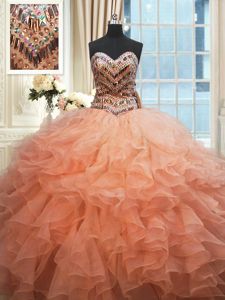 Suitable Beaded Bodice Sweetheart Sleeveless Quinceanera Gown Floor Length Beading and Ruffles Peach Organza