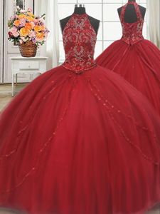 Halter Top Lace Up Quinceanera Gowns Red and In for Military Ball and Sweet 16 and Quinceanera with Beading and Appliques Court Train