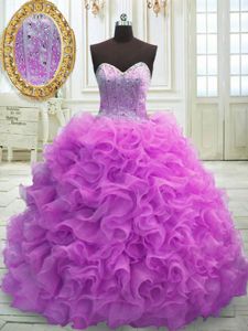 Most Popular Organza Sweetheart Sleeveless Sweep Train Lace Up Beading and Ruffles Vestidos de Quinceanera in Lilac