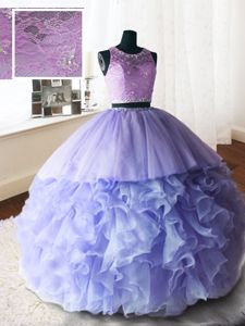 Low Price Lavender Vestidos de Quinceanera Military Ball and Sweet 16 and Quinceanera and For with Beading and Lace and Ruffles Scoop Sleeveless Brush Train Zipper