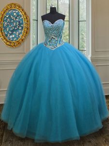 Dramatic Sleeveless Floor Length Beading Lace Up Sweet 16 Quinceanera Dress with Teal