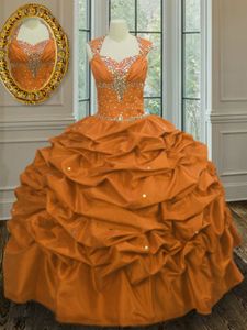 Straps Straps Orange Ball Gowns Beading and Pick Ups Sweet 16 Dress Lace Up Taffeta Sleeveless Floor Length