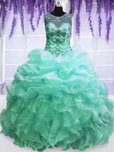 Scoop Pick Ups Floor Length Ball Gowns Sleeveless Turquoise Quince Ball Gowns Lace Up