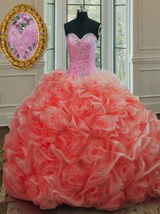 Fancy Watermelon Red Ball Gowns Organza Sweetheart Sleeveless Beading and Pick Ups Lace Up Quince Ball Gowns Sweep Train