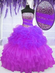 Multi-color Strapless Neckline Beading and Ruffled Layers and Pick Ups Ball Gown Prom Dress Sleeveless Lace Up