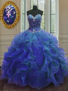 Lovely Sweetheart Sleeveless 15th Birthday Dress Floor Length Beading and Ruffles Blue Organza and Sequined