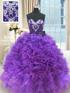 Amazing Purple Sleeveless Beading and Ruffles Floor Length Sweet 16 Quinceanera Dress