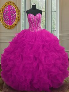 Floor Length Fuchsia Quinceanera Gowns Organza Sleeveless Beading and Ruffles