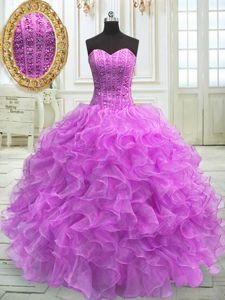 Flirting Lilac Organza Lace Up Quinceanera Dresses Sleeveless Floor Length Beading and Ruffles