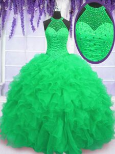 Fantastic Ball Gowns Organza High-neck Sleeveless Beading and Ruffles Floor Length Lace Up Vestidos de Quinceanera