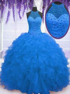 Blue Ball Gowns High-neck Sleeveless Organza Floor Length Zipper Beading and Ruffles 15 Quinceanera Dress