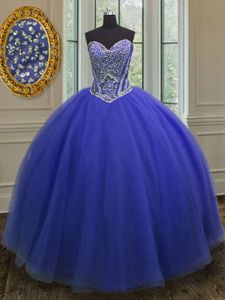 Best Selling Blue Tulle Lace Up Sweet 16 Dresses Sleeveless Floor Length Belt