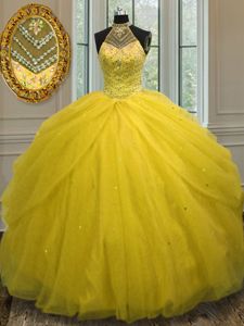 Halter Top Sleeveless Sweet 16 Quinceanera Dress Floor Length Beading Gold Tulle