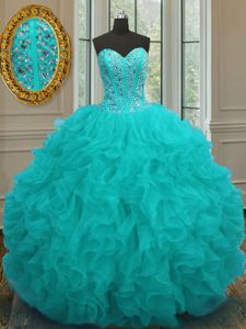 Popular Floor Length Aqua Blue Quince Ball Gowns Organza Sleeveless Beading and Ruffles