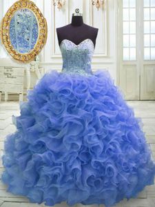 Super Beading and Ruffles Ball Gown Prom Dress Blue Lace Up Sleeveless Sweep Train
