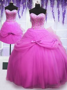 Three Piece Lilac Ball Gowns Beading and Bowknot Sweet 16 Quinceanera Dress Lace Up Tulle Sleeveless Floor Length