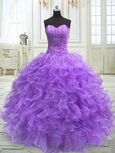 Sweetheart Sleeveless Quinceanera Gown Floor Length Beading and Ruffles Lavender Organza