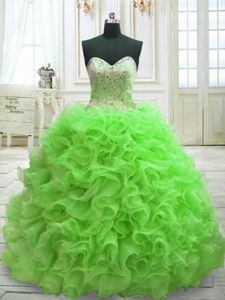 Colorful Sleeveless Sweep Train Beading and Ruffles Quinceanera Gown