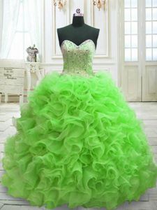 Colorful Sleeveless Sweep Train Beading and Ruffles Quinceanera Gown