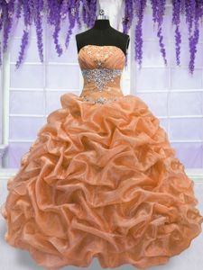 Strapless Sleeveless 15 Quinceanera Dress Floor Length Beading Orange Organza