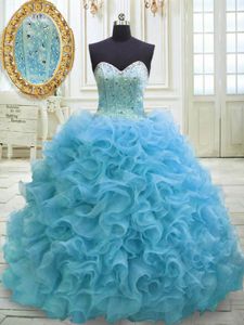 Affordable Organza Sweetheart Sleeveless Sweep Train Lace Up Beading and Sequins Quinceanera Gown in Baby Blue