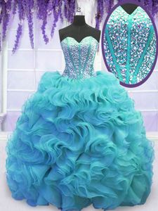 Sweetheart Sleeveless Sweep Train Lace Up Ball Gown Prom Dress Aqua Blue Organza