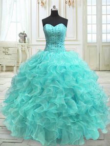 Adorable Aqua Blue Lace Up Quinceanera Gown Beading and Ruffles Sleeveless Floor Length