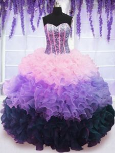 High End Floor Length Lace Up Sweet 16 Dress Multi-color and In for Military Ball and Sweet 16 and Quinceanera with Beading and Ruffles and Ruffled Layers