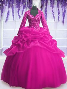 Exceptional Fuchsia Zipper Quinceanera Dama Dress Sequins and Pick Ups Long Sleeves Floor Length