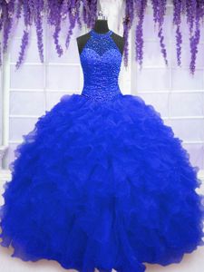 High-neck Sleeveless Sweet 16 Dress Floor Length Beading and Ruffles and Sequins Royal Blue Organza