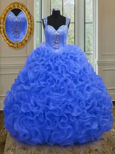 Straps Straps Sleeveless Floor Length Beading and Ruffles Zipper Sweet 16 Dress with Royal Blue