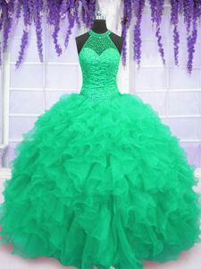 Affordable Turquoise Sleeveless Floor Length Beading and Ruffles Lace Up Sweet 16 Dress