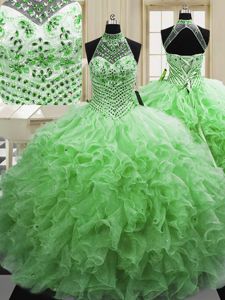 Gorgeous Sleeveless Organza Sweep Train Lace Up 15th Birthday Dress for Military Ball and Sweet 16 and Quinceanera