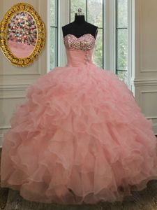Ball Gowns Sweet 16 Dress Watermelon Red Sweetheart Organza Sleeveless Floor Length Lace Up