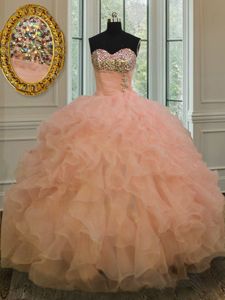 Sleeveless Organza and Sequined Floor Length Lace Up 15 Quinceanera Dress in Purple for with Beading and Ruffles