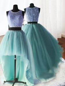 Three Piece Apple Green Zipper Scoop Beading and Ruffles Vestidos de Quinceanera Organza and Tulle and Lace Sleeveless Brush Train