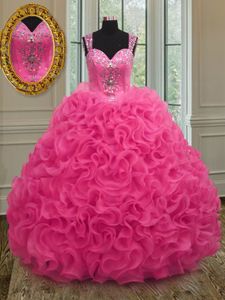Adorable Hot Pink Straps Zipper Beading and Ruffles Vestidos de Quinceanera Sleeveless