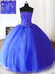 Free and Easy Strapless Sleeveless Ball Gown Prom Dress Floor Length Beading and Appliques Royal Blue Tulle