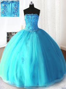 Baby Blue Sleeveless Floor Length Beading and Appliques Lace Up Quinceanera Dresses