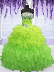 Colorful Organza Lace Up Quinceanera Dresses Sleeveless Floor Length Beading and Ruffled Layers and Pick Ups