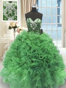 Simple Green Sleeveless Organza Lace Up Sweet 16 Quinceanera Dress for Military Ball and Sweet 16 and Quinceanera