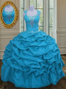 Fashionable Aqua Blue Lace Up Straps Beading and Pick Ups Sweet 16 Dresses Taffeta Sleeveless