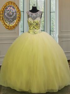Exquisite Scoop Backless Floor Length Light Yellow 15 Quinceanera Dress Tulle Sleeveless Beading and Appliques