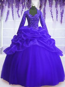 Royal Blue Ball Gowns V-neck Long Sleeves Organza Floor Length Zipper Sequins and Pick Ups Quinceanera Gowns
