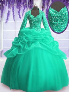 Fabulous Organza V-neck Long Sleeves Zipper Sequins and Pick Ups Sweet 16 Dress in Turquoise