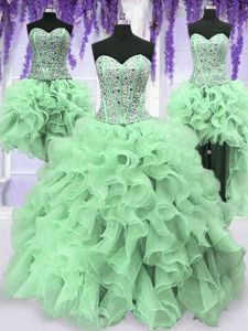 Four Piece Apple Green Sweetheart Neckline Beading and Ruffles Quince Ball Gowns Sleeveless Lace Up